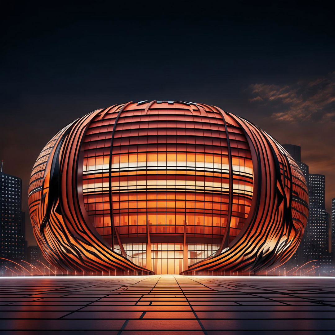 A sports stadium inspired by basketball with an orange exterior mimicking a ball's texture and black lines forming patterns like seams. The entrance is shaped like a hoop and windows follow patterns of lines on a ball. At night, it glows from within following these patterns.