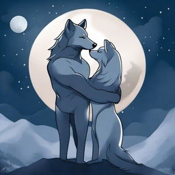 A couple is hugging each other tenderly under the moonlight