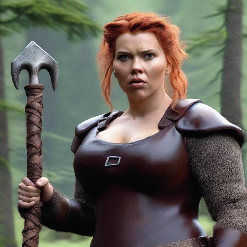 Scarlett Johansson transformed into a fat, very short dwarf with a masculine figure