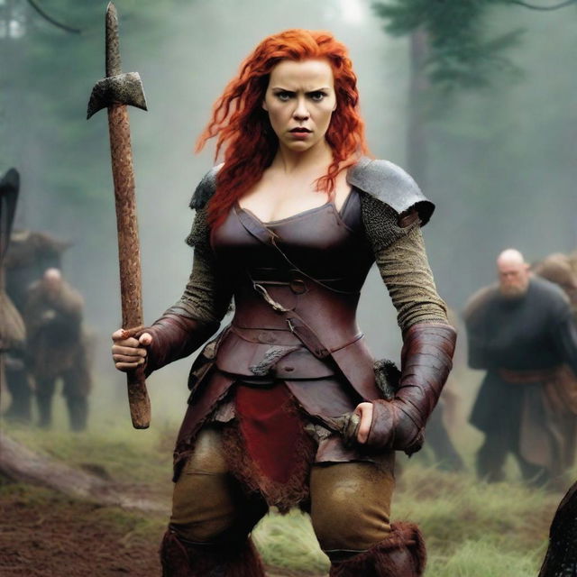 Scarlett Johansson transformed into a fat, very short dwarf with a masculine figure