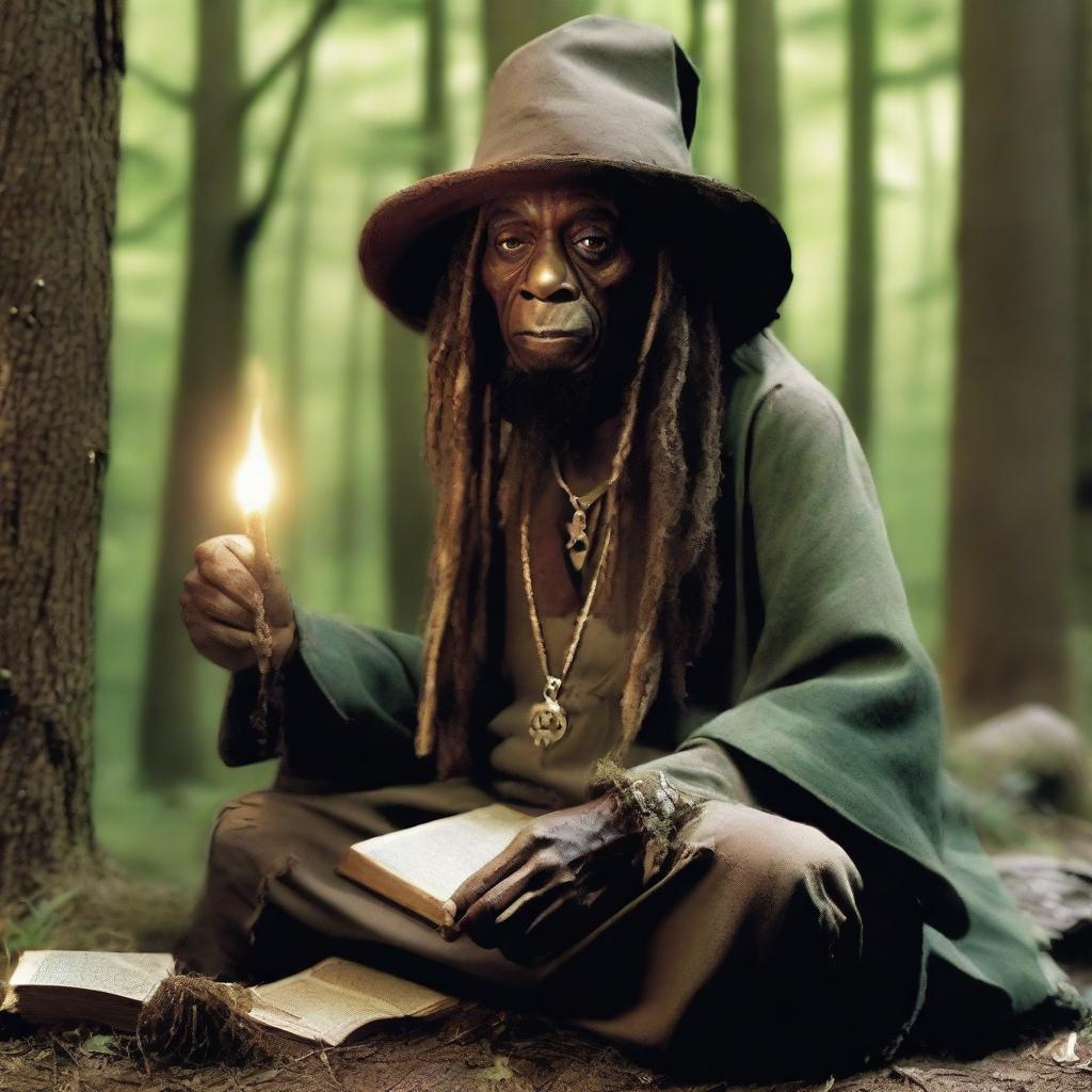 Lil Wayne transformed into a mystical hermit wizard living in a shack in the forest, studying plants