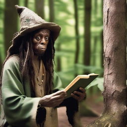 Lil Wayne transformed into a mystical hermit wizard living in a shack in the forest, studying plants