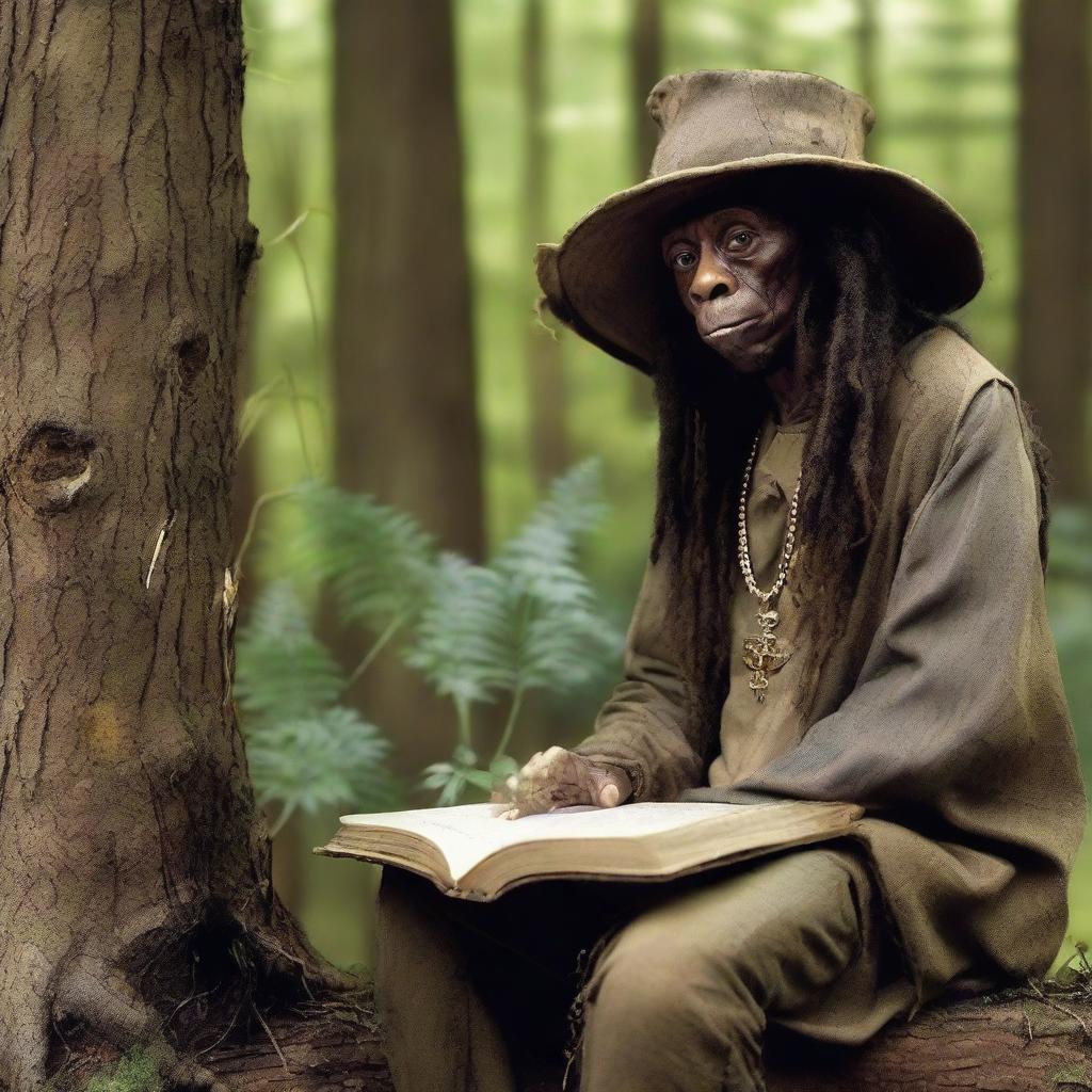 Lil Wayne transformed into a mystical hermit wizard living in a shack in the forest, studying plants