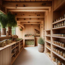 A 7m long, 2.5m wide herb and nut shop with a woody design. There's a peanut butter-making machine, wooden jars, and herbs stored in a closet divided into boxes.