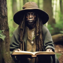 Lil Wayne transformed into a mystical hermit wizard living in a shack in the forest, studying plants