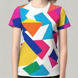 Design a t-shirt featuring geometric patterns in bold colors and contrasting lines