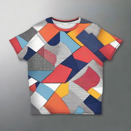 Design a t-shirt featuring geometric patterns in bold colors and contrasting lines