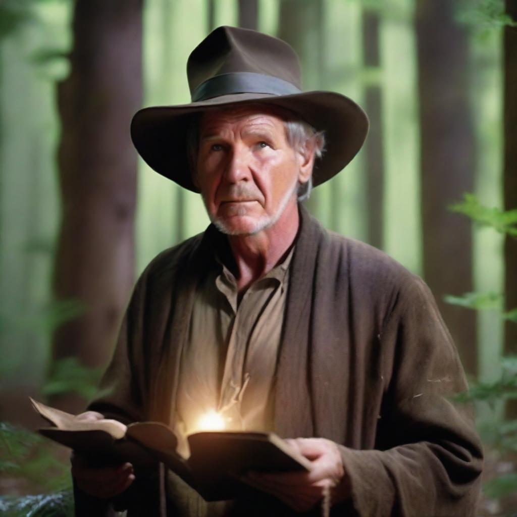 Harrison Ford depicted as a mystical wizard in a forest setting