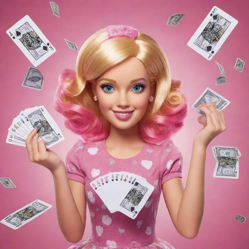 A cheerful girl holding up a hand of playing cards with 'Barbie Gaming' written on them. In her other hand, she's holding a bunch of dollar bills. Bright, animated magic swirls around her.