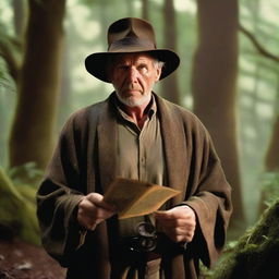 Harrison Ford depicted as a mystical wizard in a forest setting