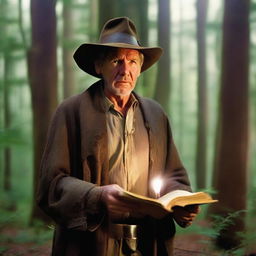 Harrison Ford depicted as a mystical wizard in a forest setting