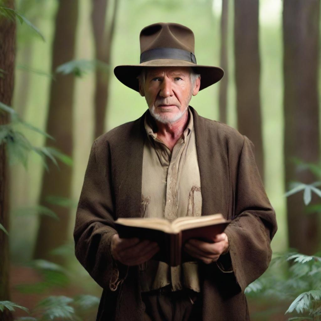 Harrison Ford depicted as a mystical wizard in a forest setting