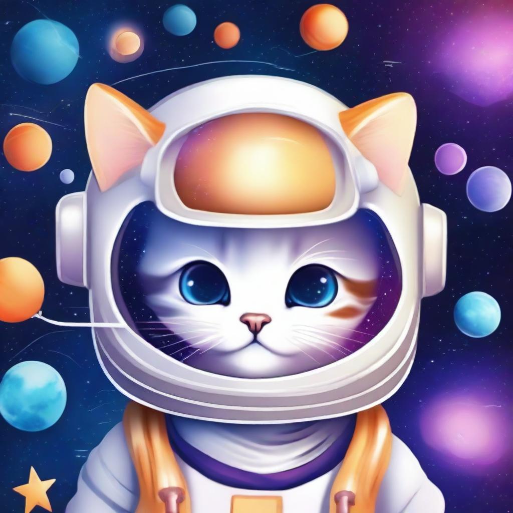 Create a galaxy-themed design featuring a cute kitten wearing a space helmet