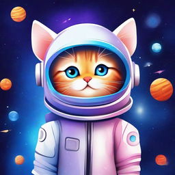 Create a galaxy-themed design featuring a cute kitten wearing a space helmet