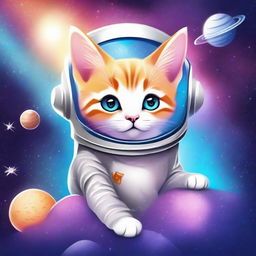 Create a galaxy-themed design featuring a cute kitten wearing a space helmet