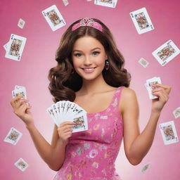 A cheerful girl holding up a hand of playing cards with 'Barbie Gaming' written on them. In her other hand, she's holding a bunch of dollar bills. Bright, animated magic swirls around her.