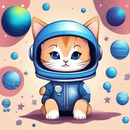 Create a galaxy-themed design featuring a cute kitten wearing a space helmet