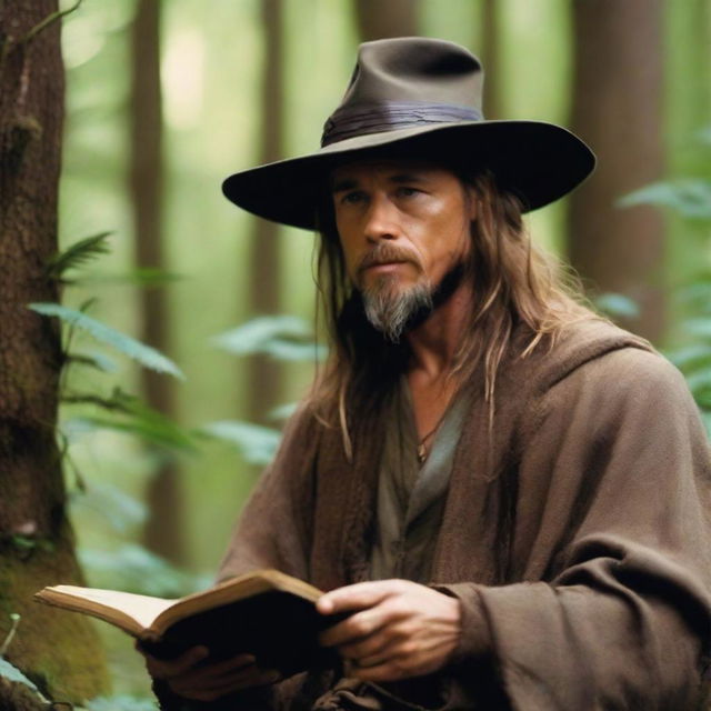 Brad Pitt depicted as a hermit wizard who studies plants