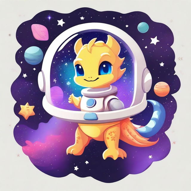 Create a galaxy-themed design featuring a cute dragon wearing a space helmet