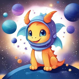 Create a galaxy-themed design featuring a cute dragon wearing a space helmet