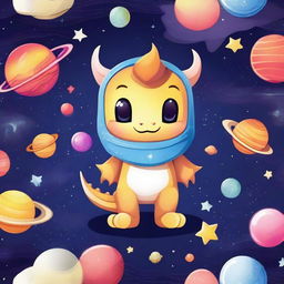 Create a galaxy-themed design featuring a cute dragon wearing a space helmet