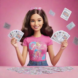 A cheerful girl holding up a hand of playing cards with 'Barbie Gaming' written on them. In her other hand, she's holding a bunch of dollar bills. Bright, animated magic swirls around her.