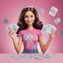 A cheerful girl holding up a hand of playing cards with 'Barbie Gaming' written on them. In her other hand, she's holding a bunch of dollar bills. Bright, animated magic swirls around her.