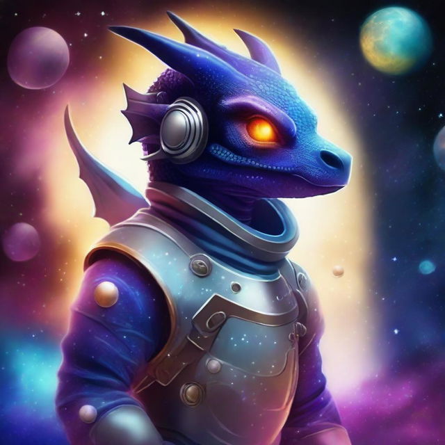 Create a galaxy-themed design featuring a dragon wearing a space helmet