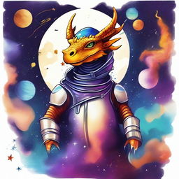 Create a galaxy-themed design featuring a dragon wearing a space helmet