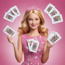 A cheerful girl holding up a hand of playing cards with 'Barbie Gaming' written on them. In her other hand, she's holding a bunch of dollar bills. Bright, animated magic swirls around her.