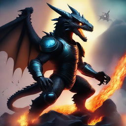 Create a design featuring a large dark dragon breathing fire and wearing a space helmet