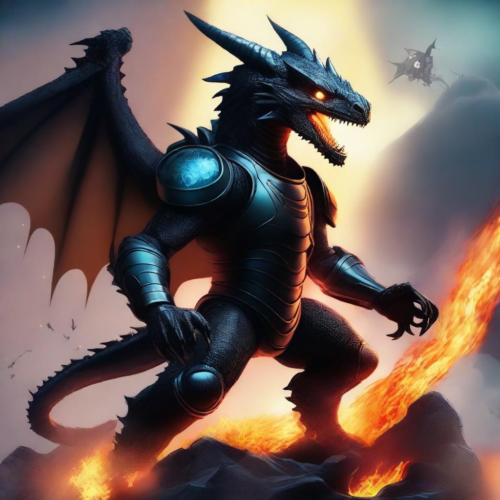 Create a design featuring a large dark dragon breathing fire and wearing a space helmet