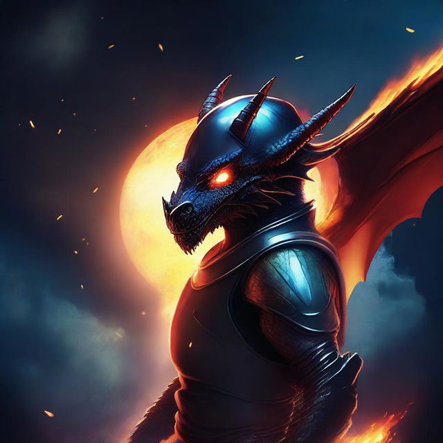 Create a design featuring a large dark dragon breathing fire and wearing a space helmet