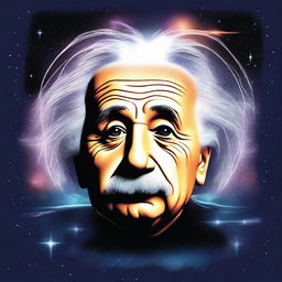 Create an image of Einstein's head floating in space with a streak of lightning flowing from his eyes