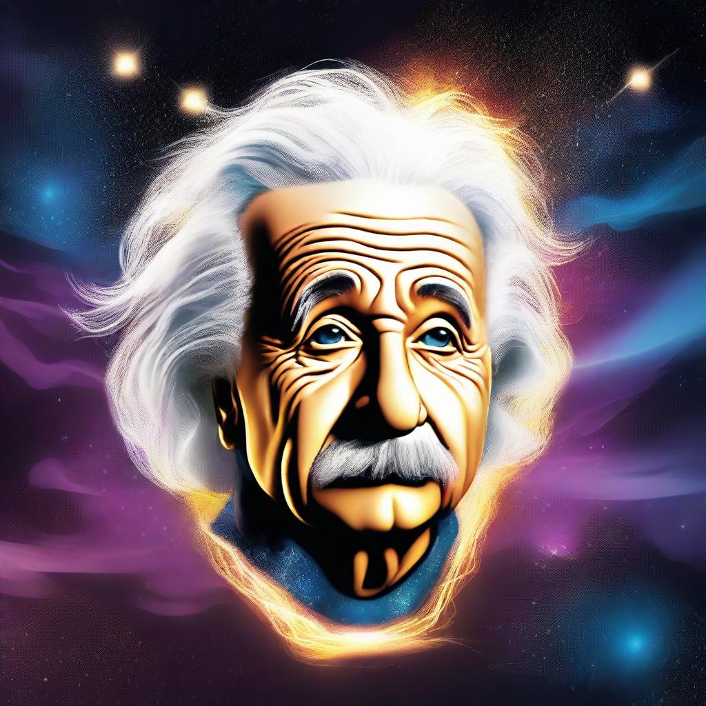 Create an image of Einstein's head floating in space with a streak of lightning flowing from his eyes