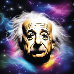 Create an image of Einstein's head floating in space with a streak of lightning flowing from his eyes