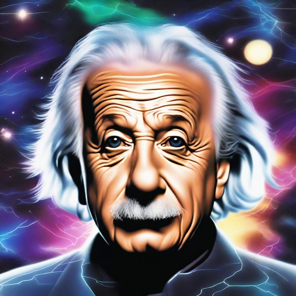 Create a photorealistic image of Einstein's head floating in space with a streak of lightning flowing from his eyes