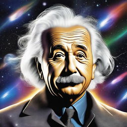 Create a photorealistic image of Einstein's head floating in space with a streak of lightning flowing from his eyes