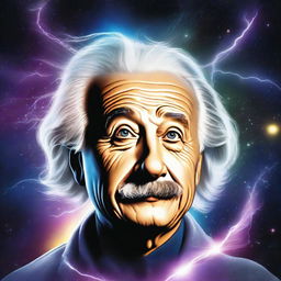 Create a photorealistic image of Einstein's head floating in space with a streak of lightning flowing from his eyes