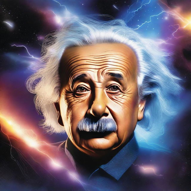 Create a photorealistic image of Einstein's head floating in space with a streak of lightning flowing from his eyes