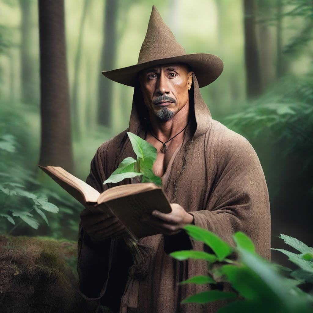 A raw photograph of Dwayne 'The Rock' Johnson depicted as a hermit wizard who studies plants