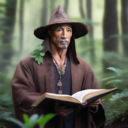 A raw photograph of Dwayne 'The Rock' Johnson depicted as a hermit wizard who studies plants