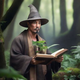 A raw photograph of Dwayne 'The Rock' Johnson depicted as a hermit wizard who studies plants