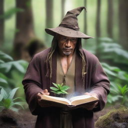 A raw photograph of Dwayne 'The Rock' Johnson depicted as a hermit wizard who studies plants