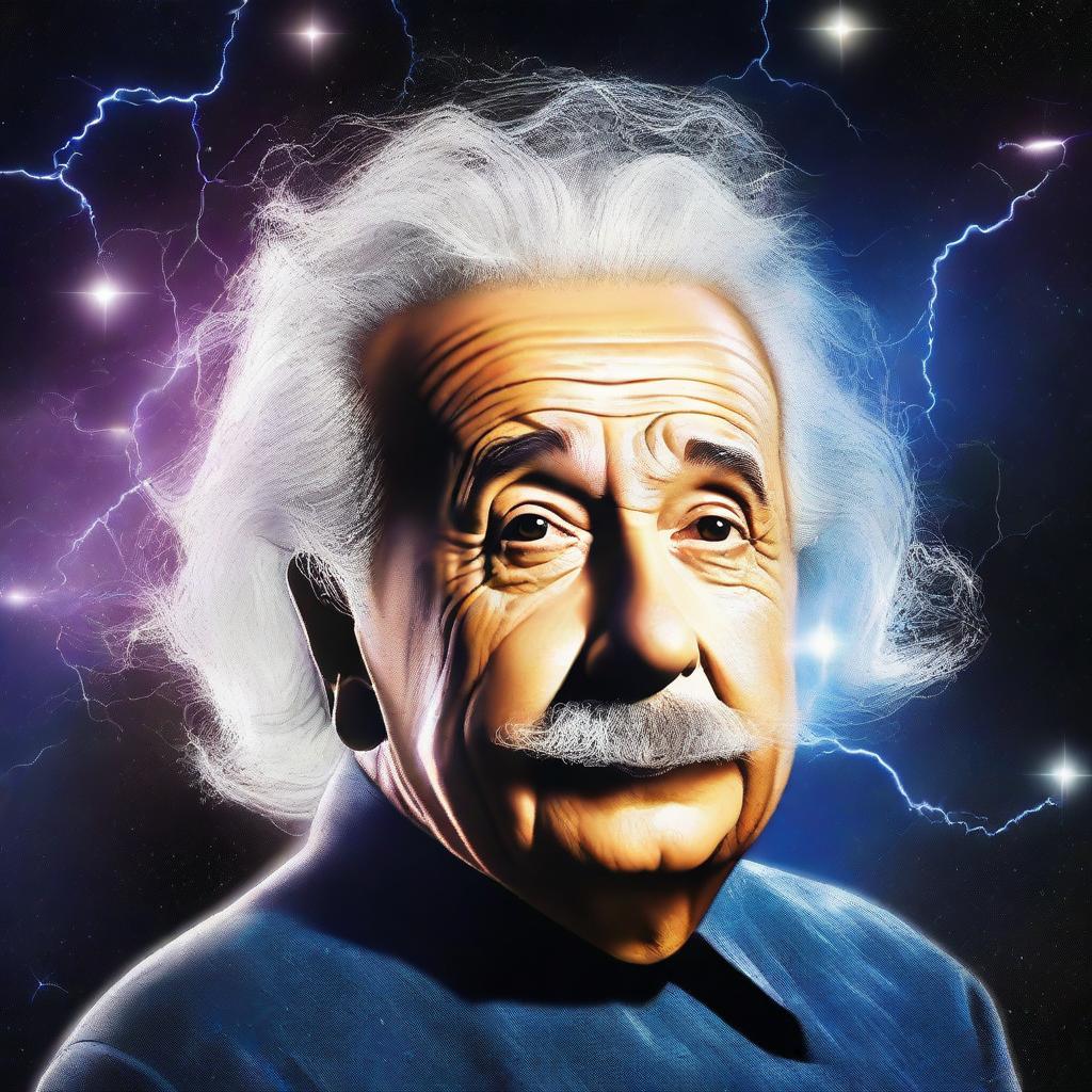 Create a photorealistic image of Einstein's head floating in space with a streak of lightning flowing from his head