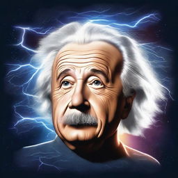 Create a photorealistic image of Einstein's head floating in space with a streak of lightning flowing from his head