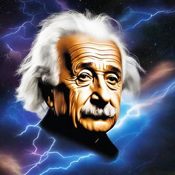 Create a photorealistic image of Einstein's head floating in space with a streak of lightning flowing from his head