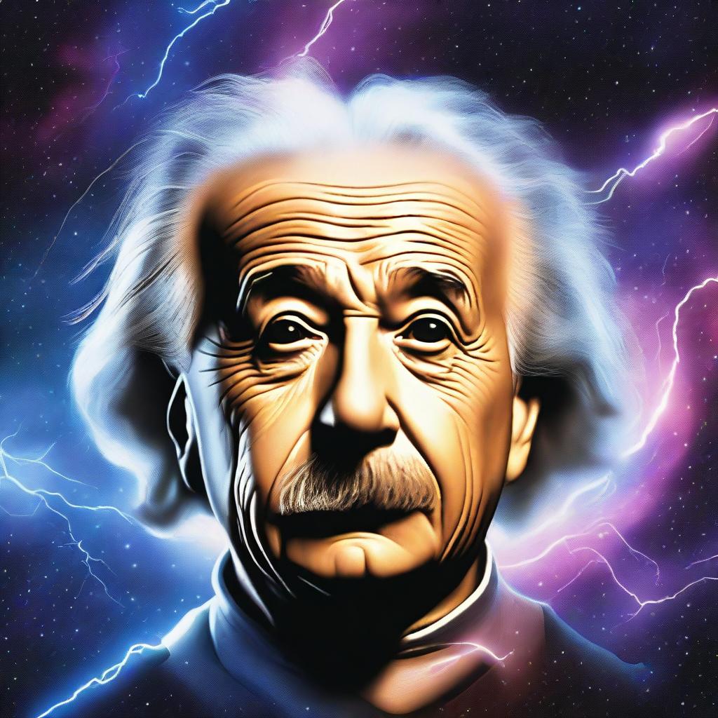 Create a photorealistic image of Einstein's head floating in space with a streak of lightning flowing from his head