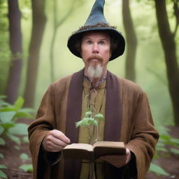 A raw photograph of Will Ferrell depicted as a hermit wizard who studies plants