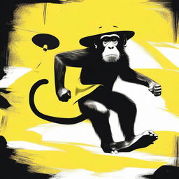 Create an image of a monkey running away with a large floppy yellow woman's hat